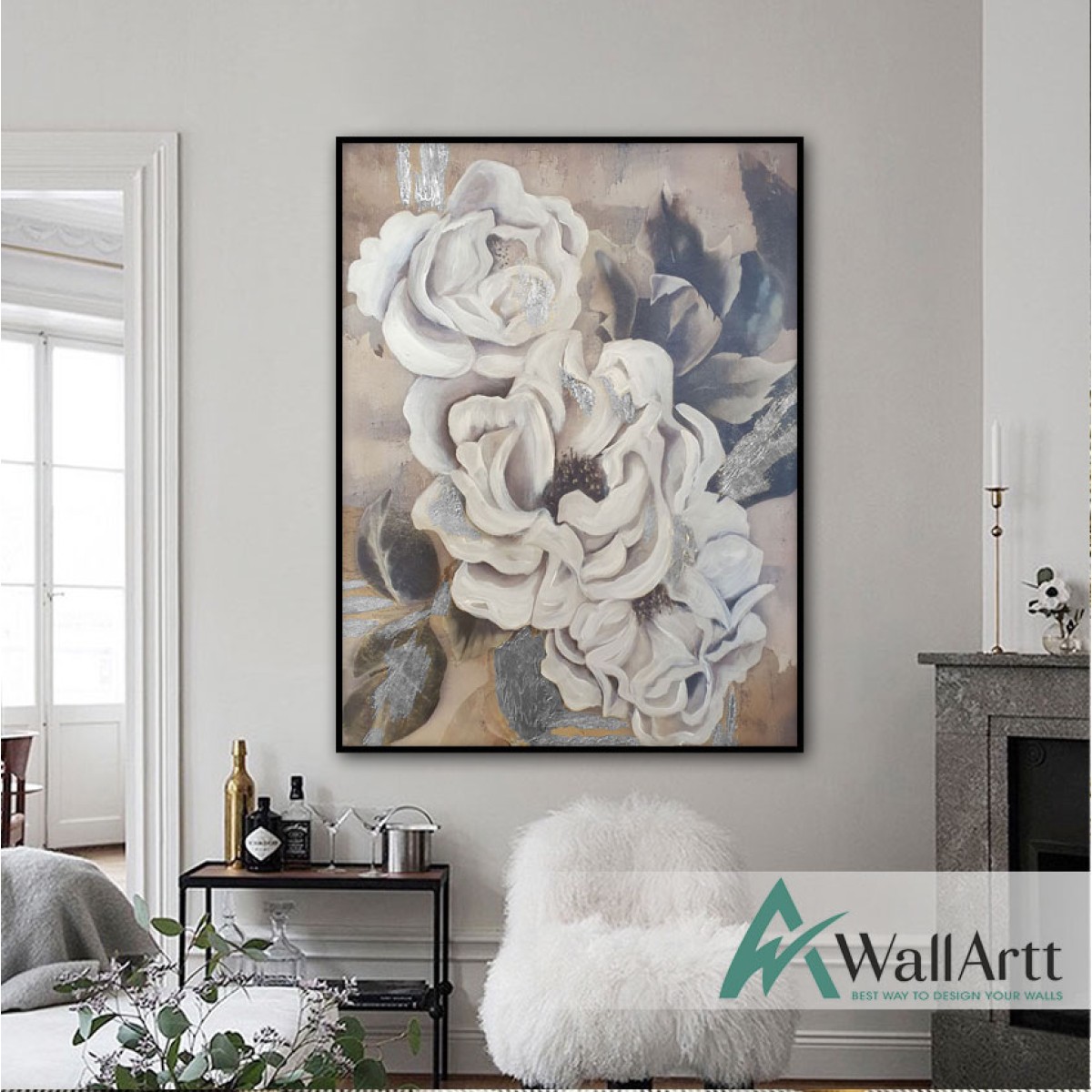 Abstract Flower with Silver Foil Textured Partial Oil Painting